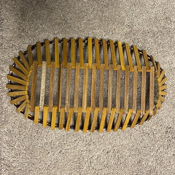 VTG Boho Oval Wooden Rattan Basket - Picture 2 of 4